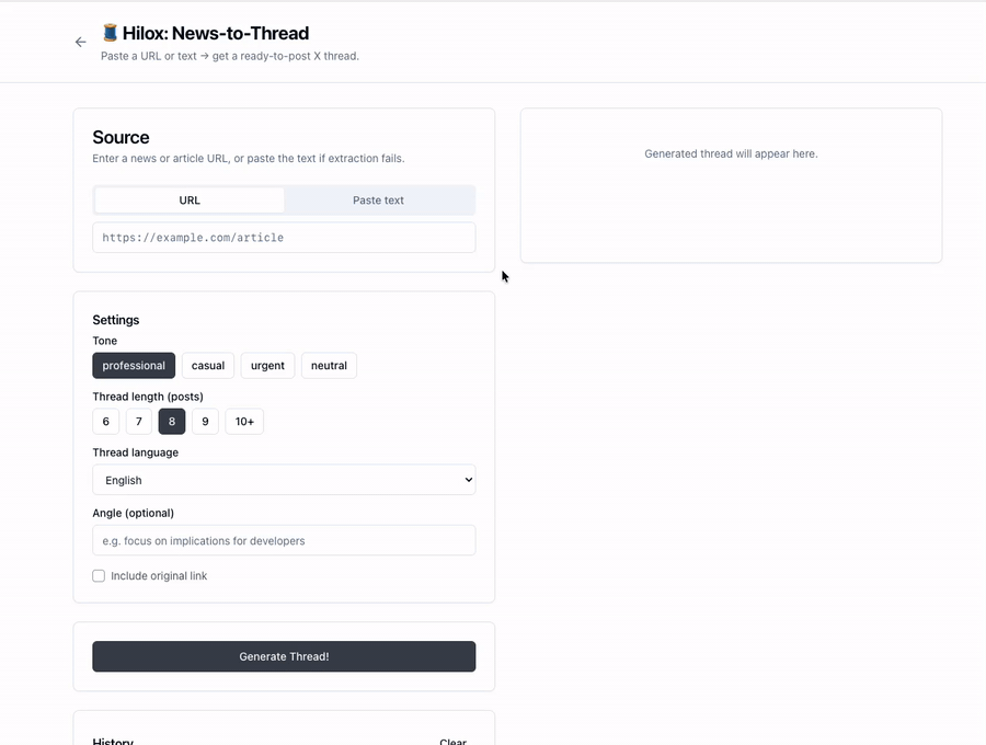 Hilox demo: paste a news URL, adjust settings, generate thread, copy tweets